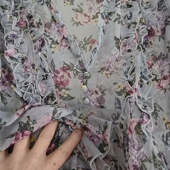 Zara Sheer Floral Print Blouse w/Ruffles - Picture 3 of 5